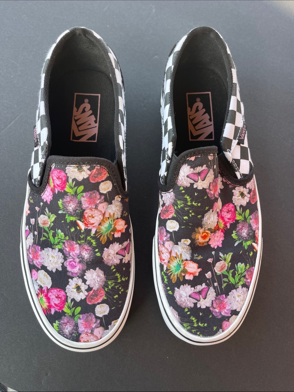 Vans Slip-On Floral & Checkerboard Sneakers - Black/Pink/Green - Picture 2 of 6